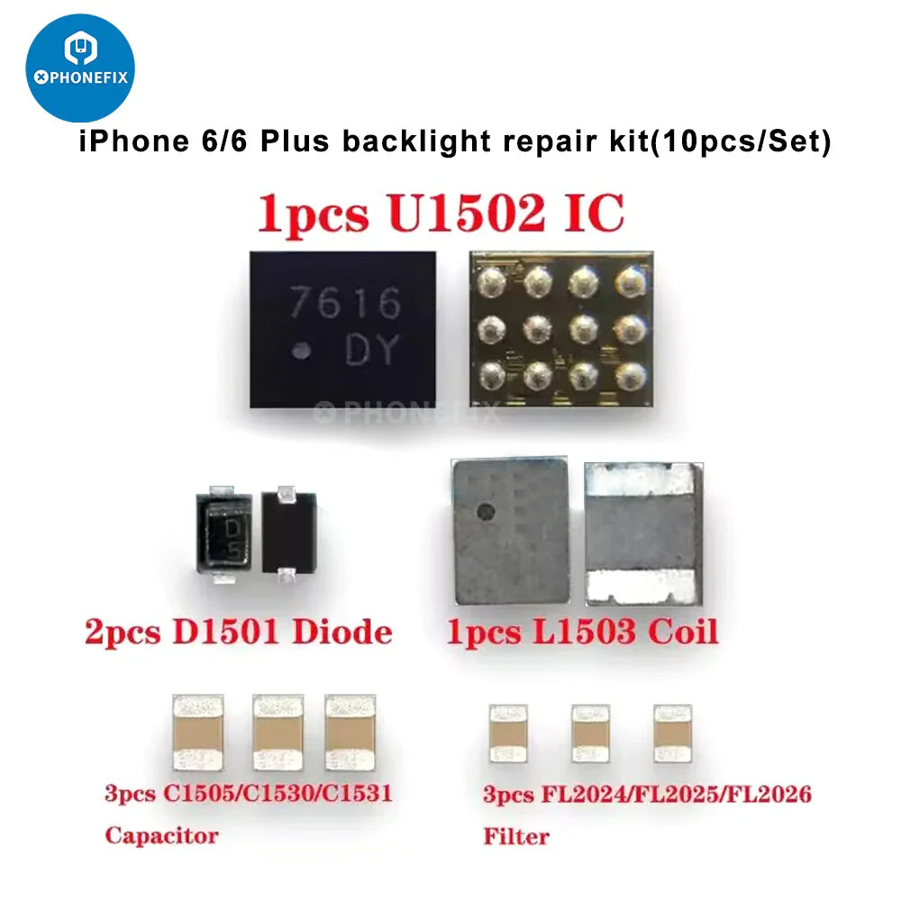 PhoneFix iPhone backlight repair kit with diode, capacitor, coil, and filter components for electronic device troubleshooting.