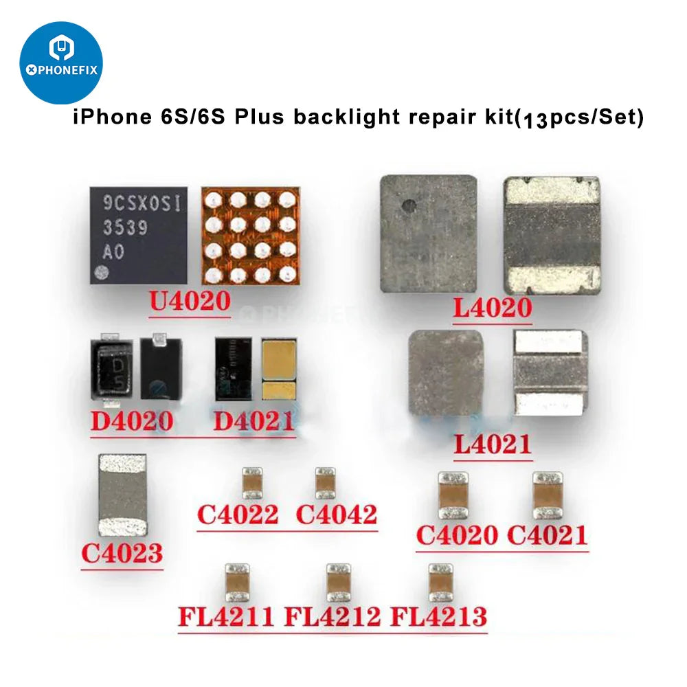iPhone 6s repair kit with backlight chip, diode, capacitor, coil, and filter components for phone repair by PHONEFIX