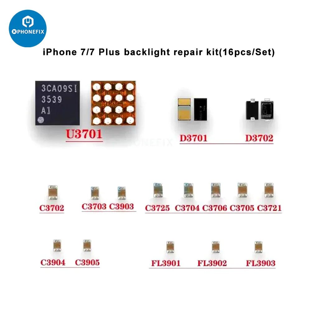 PhoneFix iPhone backlight repair kit with diode, capacitor, coil, and filter components for screen backlight repair.
