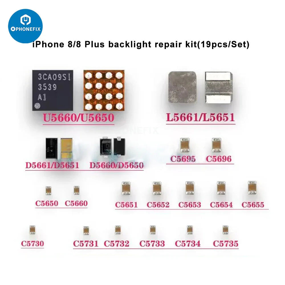 Assorted iPhone backlight repair components including diodes, capacitors, coils, and filters in a PHONEFIX repair kit.