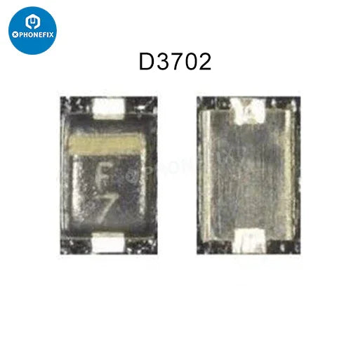 Close-up of PHONEFIX iPhone backlight repair kit components including diodes, capacitors, coils, and filters on a circuit board.