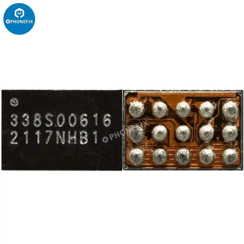 Close-up of PHONEFIX iPhone backlight chip, diode, capacitor, coil, and filter repair kit components for device repair.