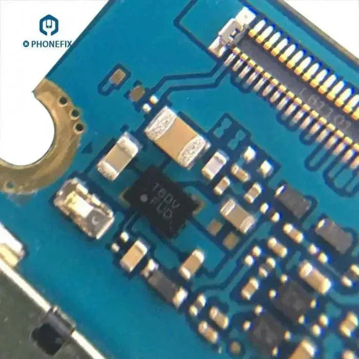 15-pin T6DV FUD charging IC for Samsung A9 A9000 C5000, shown as a small electronic component on a circuit board.