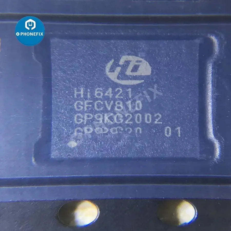 PhoneFix HI6421 V610, V710, V530, V810, V910, V310 IC power chip for Huawei smartphones, showing the small electronic component.