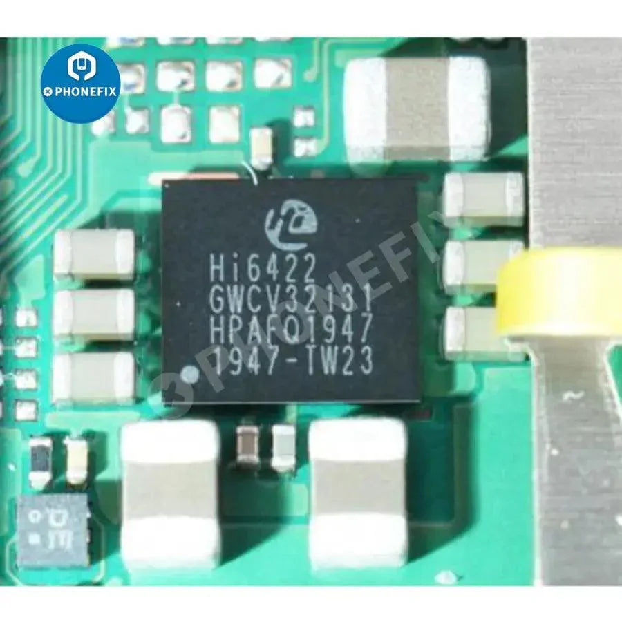 PhoneFix HI6422 V500 series IC power supply chip for Android phones, close-up of the component on a circuit board.