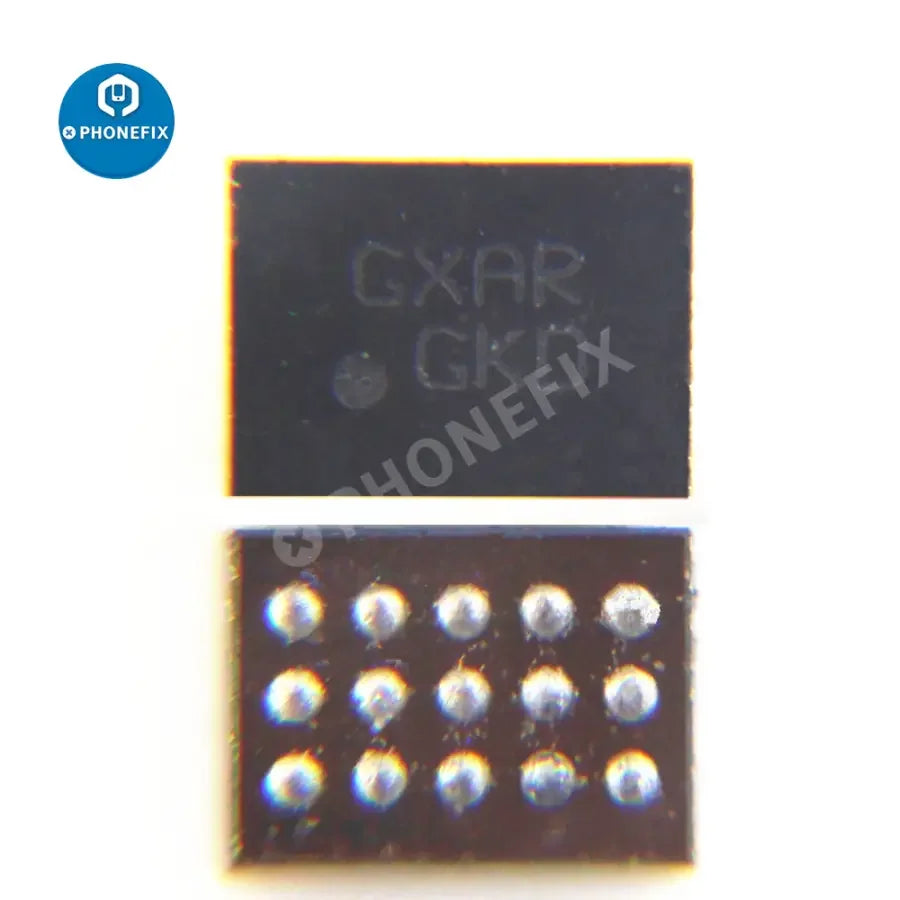 PhoneFix USB charging IC component for Android phones, showing tiny electronic chip with pins for repair or assembly.