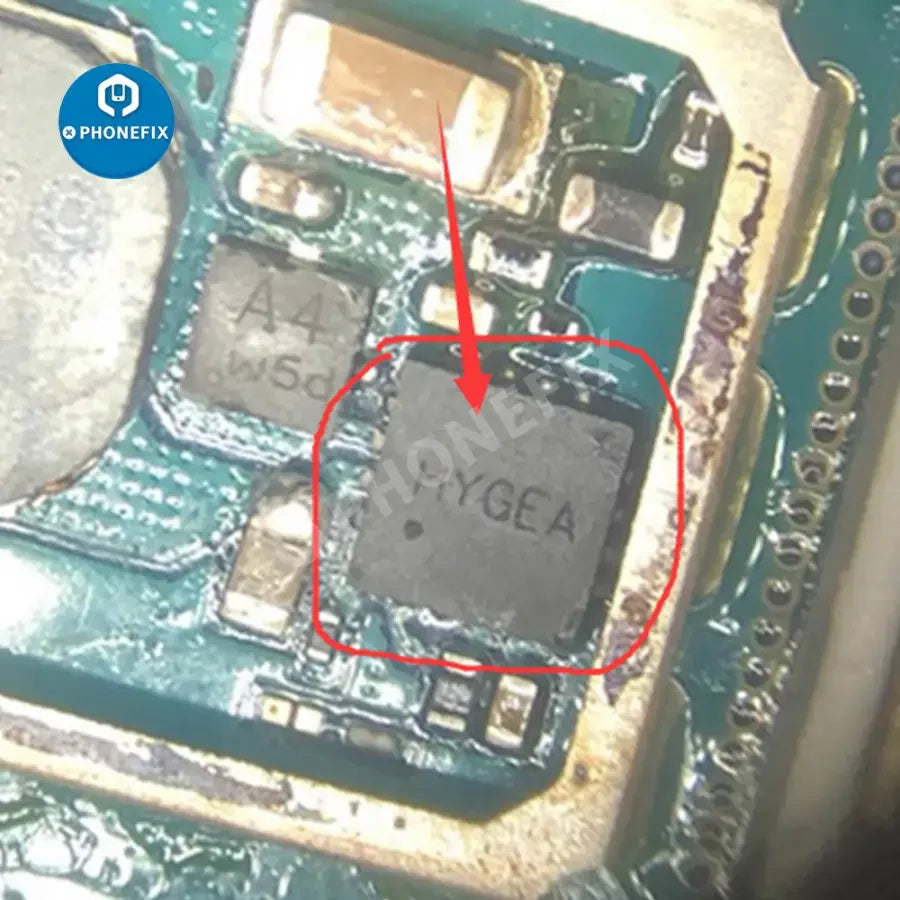 PhoneFix HY GF GQ HC JJ F9 GX 1J USB charging IC component for Android phones, close-up of the electronic chip.