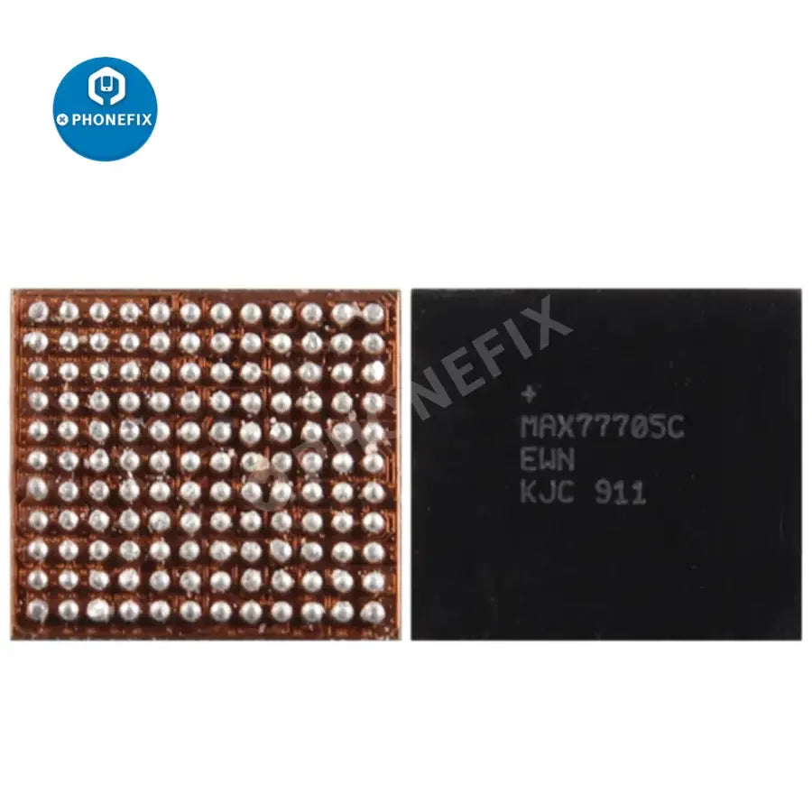 MAX77705C Shannon5500 S5201 3DHC0 IC chip for Samsung S10, small electronic component with black surface and metal contacts