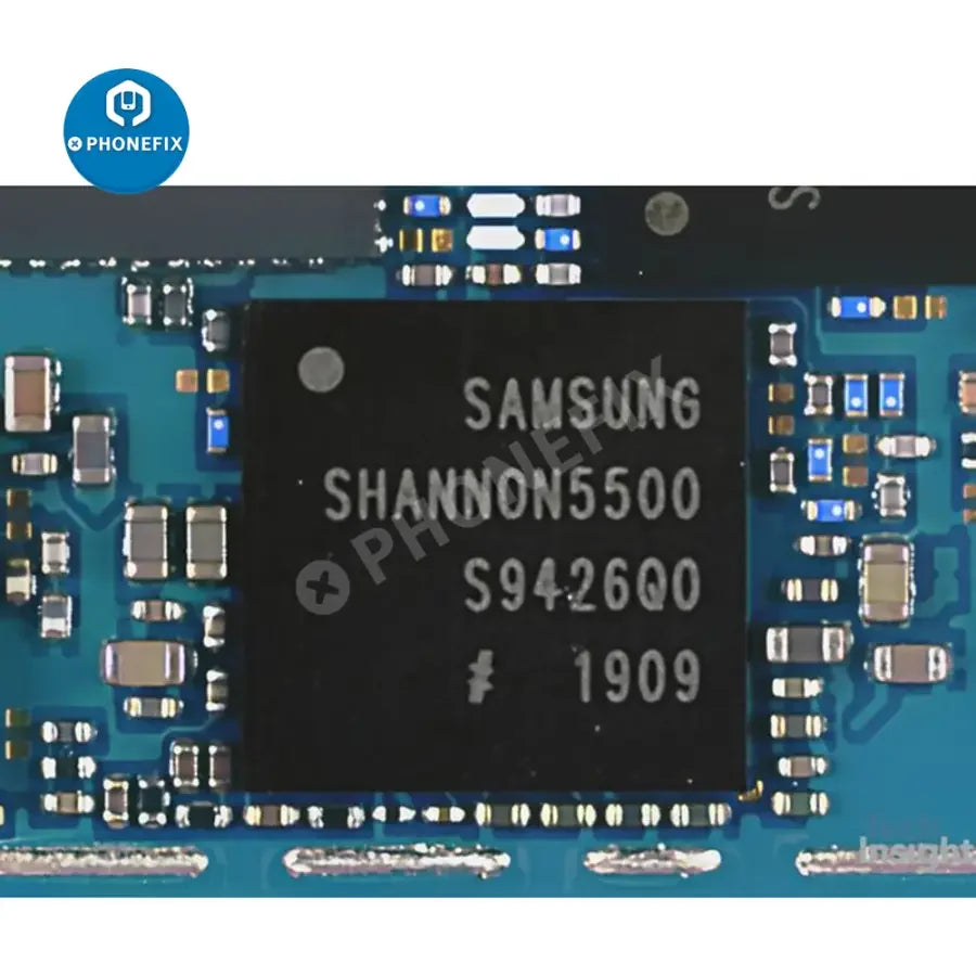 MAX77705C Shannon5500 S5201 3DHC0 IC chip for Samsung S10, shown on a white background with electronic component details.