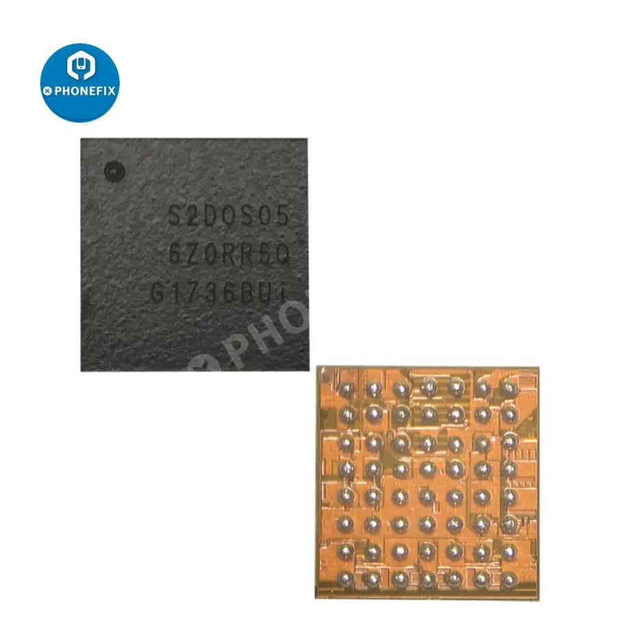 Power audio display frequency IC for Samsung S9, A7, A10 smartphones, component from PHONEFIX with technical details visible.