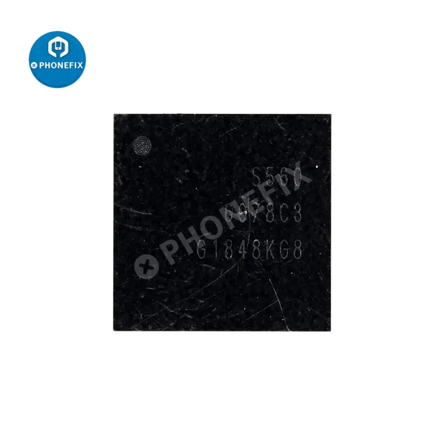 Power audio display frequency IC for Samsung S9, A7, A10 smartphones, component by PHONEFIX, shown on a white background.