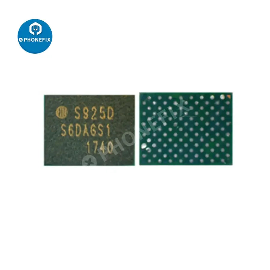 Power audio display frequency IC for Samsung S9, A7, A10 smartphones, component from PHONEFIX showing electronic circuit details.