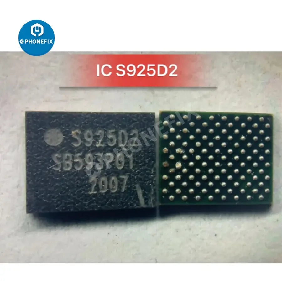 Power audio display frequency IC for Samsung S9, A7, A10 smartphones, showing the small electronic component from PHONEFIX.