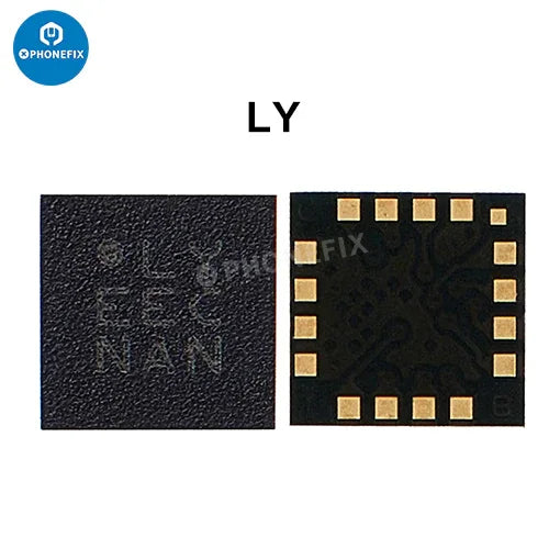 PHONEFIX Composant de remplacement pour puce de commande de vibreur de gyroscope IC pour iPhone, montrant le petit élément de circuit électronique.