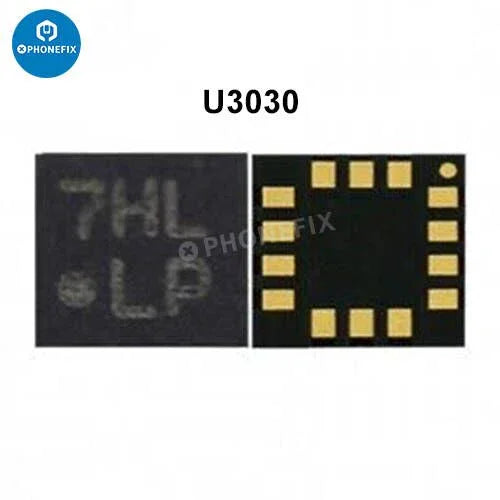 Composant de remplacement de la puce de commande du vibreur du gyroscope IC de l'iPhone PhoneFix pour la réparation de l'appareil, montrant la puce U3030 sur une carte de circuit imprimé.