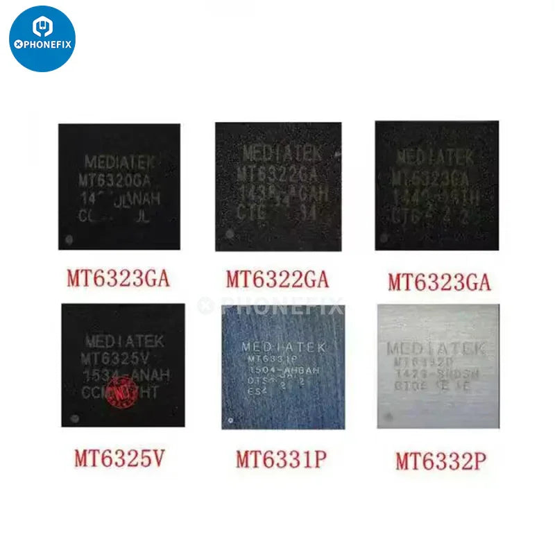 PhoneFix MT6320GA 6323GA baseband power supply switch IC for Xiaomi smartphones, shown on a white background.
