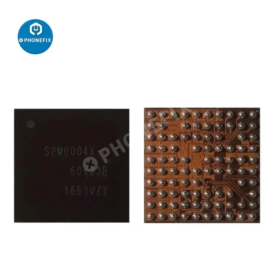 Puces Samsung Power Control IC MU005X01 et MU005X02, composants électroniques pour la gestion de l'alimentation des téléphones, commercialisés sous la marque PHONEFIX.