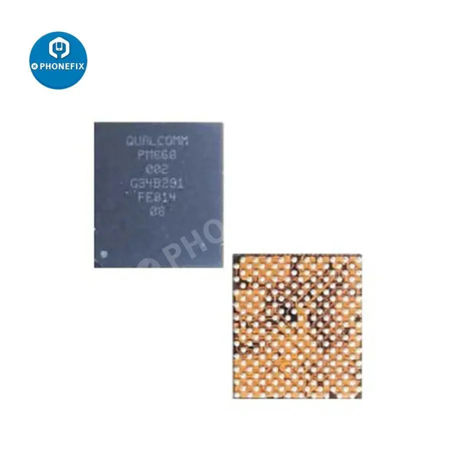 PHONEFIX power control IC for Xiaomi and Oppo smartphones, showing the small black component on a circuit board.