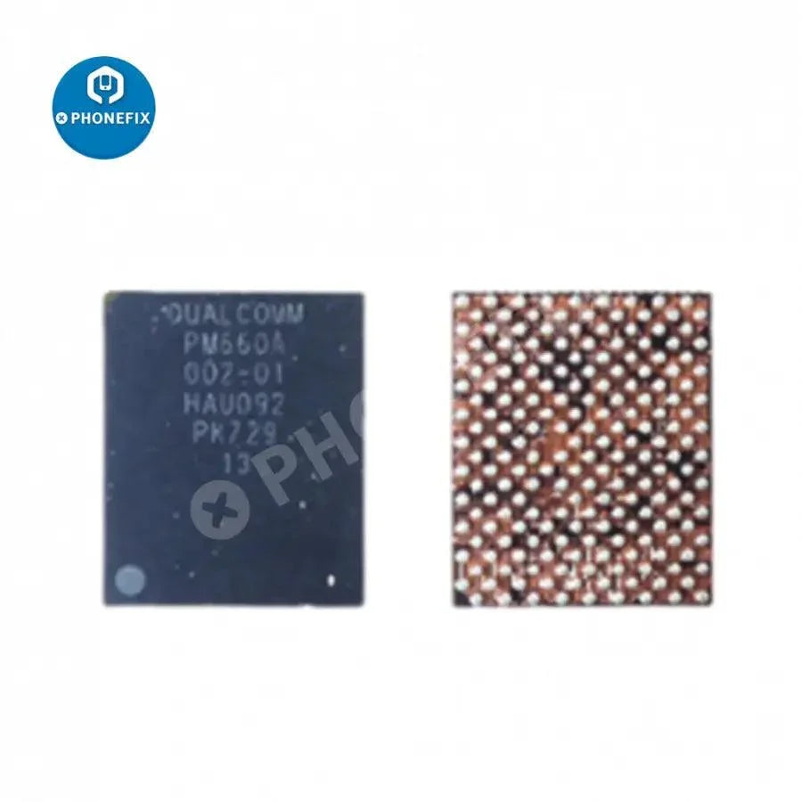 Power control IC for Xiaomi and Oppo smartphones, showing the PHONEFIX branded component with circuit connections.