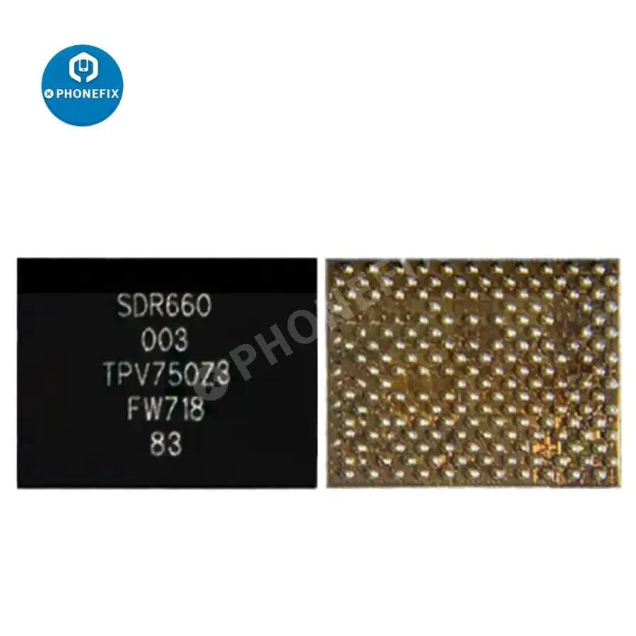 PM660 Power IC SDR660 WCN3990 WiFi IC chip from PHONEFIX for Oppo R11 and Xiaomi Note 3 smartphones, shown on component board.