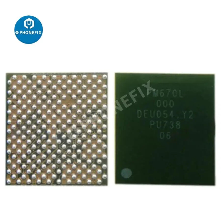 PhoneFix PM670/670A/670L IC power supply chip replacement for Xiaomi phone repair, showing the small electronic component.