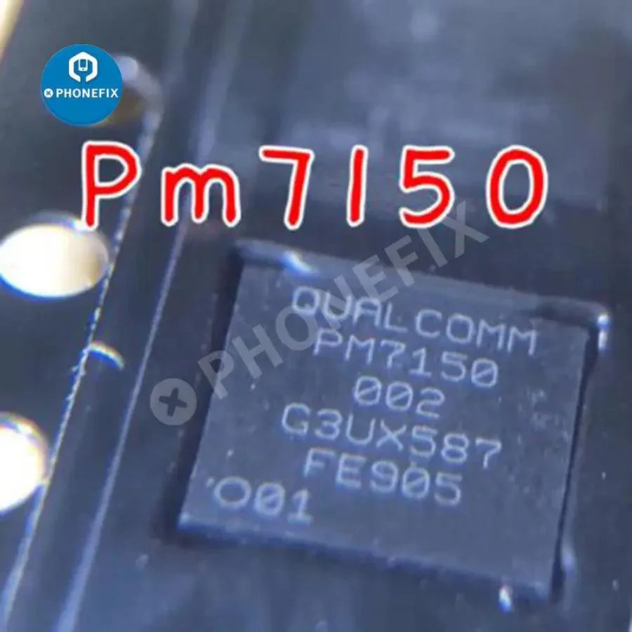 PhoneFix PM7150 power supply IC chip for Android phone repair, showing tiny component on circuit board.