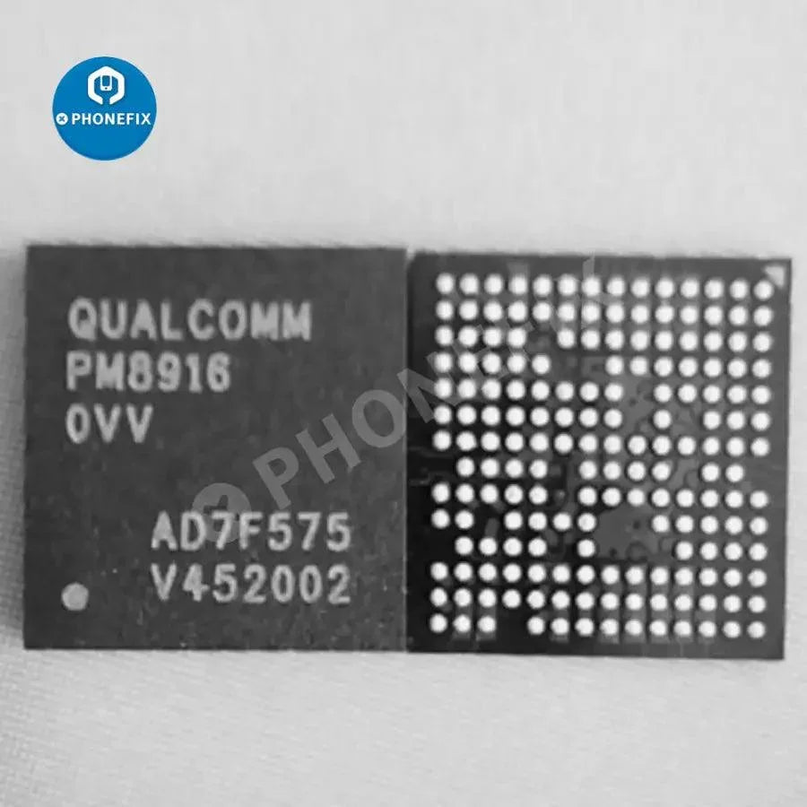 PM8916 001, PMI8994 002, and PM8926 power supply IC chips for Android phones, shown on a component tray.