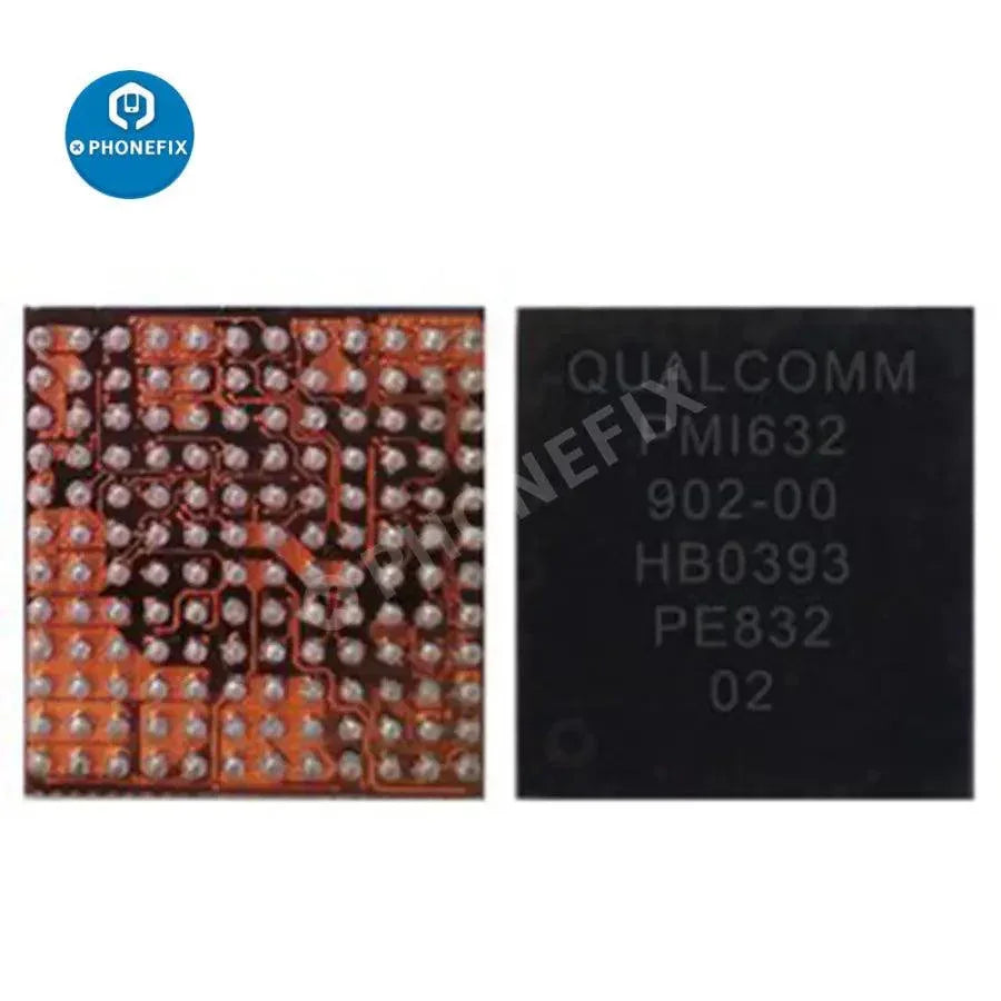 PMI632 power supply IC chips for Xiaomi Redmi 8, 8A, Note 8, and 8T smartphones, shown in a close-up of the electronic components.