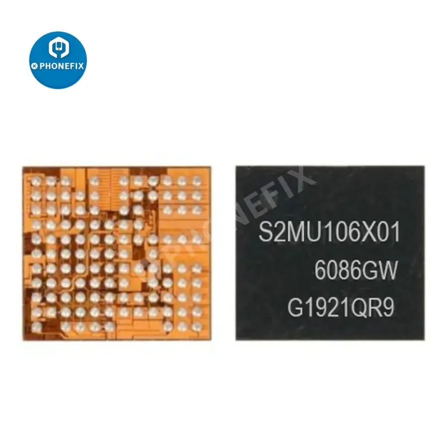 Samsung phone repair IC chips S2MU106X01, S2MU005X03, and S2MU004X-C from PHONEFIX, shown in this component image.