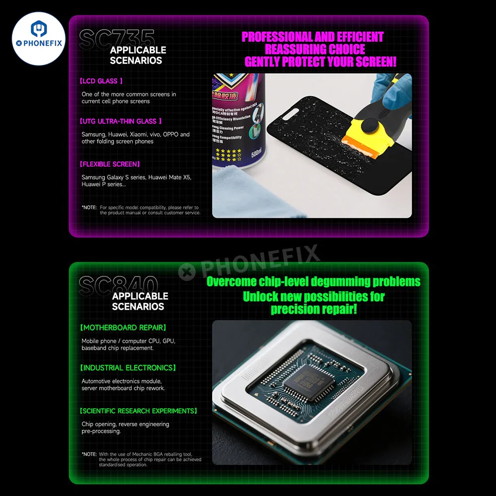 PHONEFIX mechanic quick-drying electronic cleaner and phone frame glue remover with components for device maintenance.