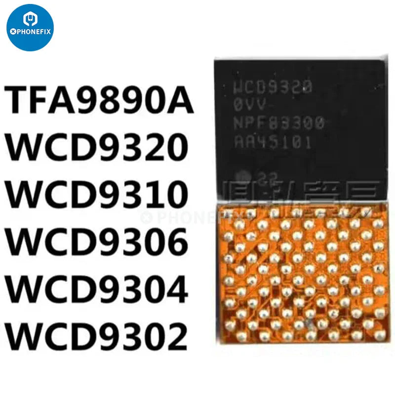 WCD9310 and WCD9320 audio frequency IC components for Xiaomi Note 3, displayed on a technical circuit board.