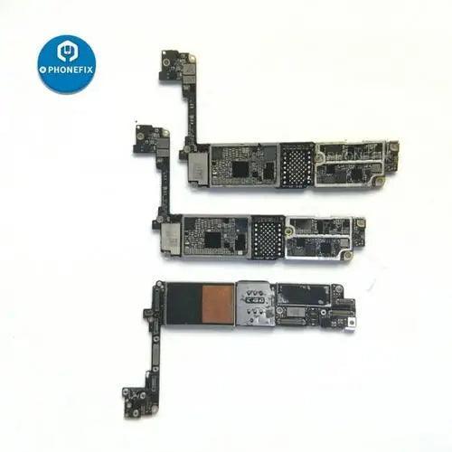 Damaged iPhone motherboard for repair training, showing components for iPhone 6 to 14PM, branded PHONEFIX.