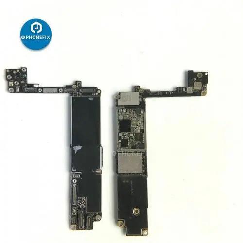 Damaged iPhone motherboard for repair training, showing a PhoneFix component with visible damage and circuit details.