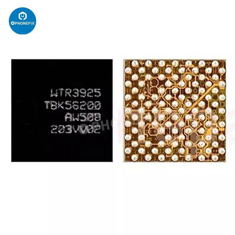 Close-up of PHONEFIX intermediate frequency IC component designed for iPhone 6 to 14 Pro Max, showing the small electronic chip on a circuit board.
