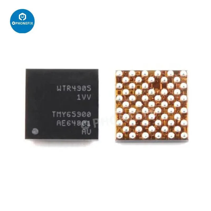 Close-up of PHONEFIX intermediate frequency IC component for iPhone 6 to 14 Pro Max, showing small electronic chip on a circuit board.