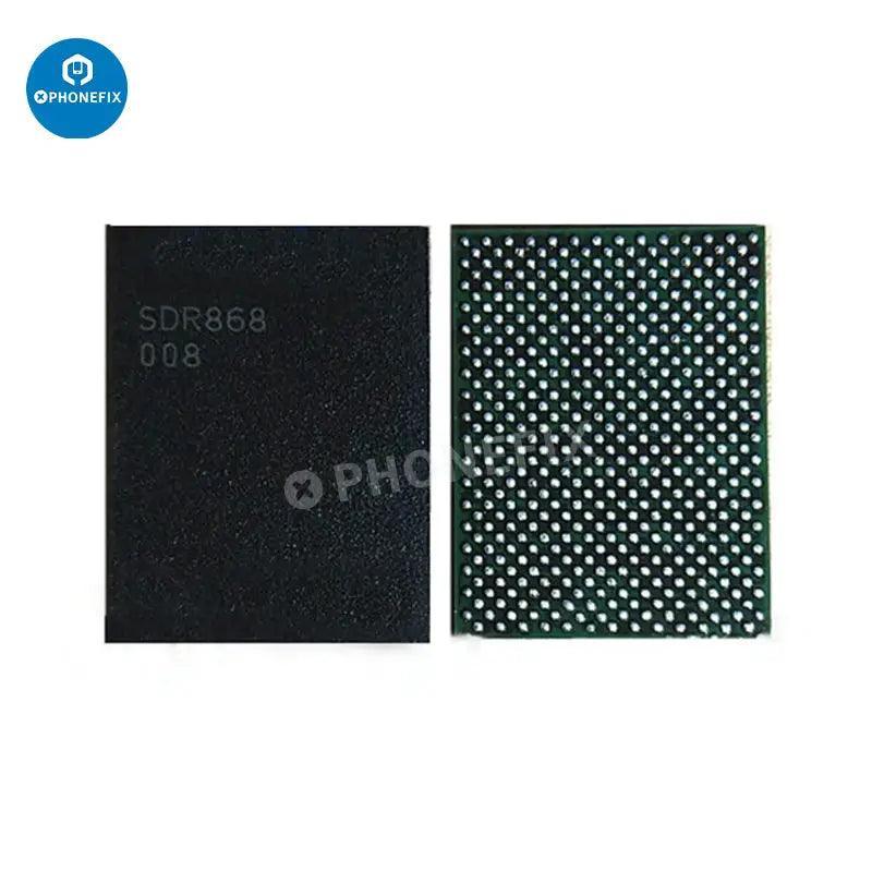 Close-up of PHONEFIX intermediate frequency IC component for iPhone 6-14 Pro Max on a circuit board.