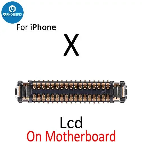 PhoneFix iPhone X XS Max XR LCD display with 3D touch FPC connector port, showing electronic component and connector details.