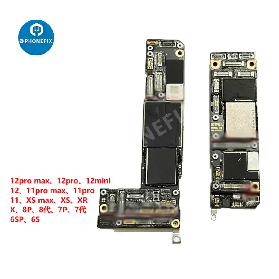 Used damaged iPhone X-12 Pro Max motherboard training board by PHONEFIX, showing visible damage and component details for repair practice.