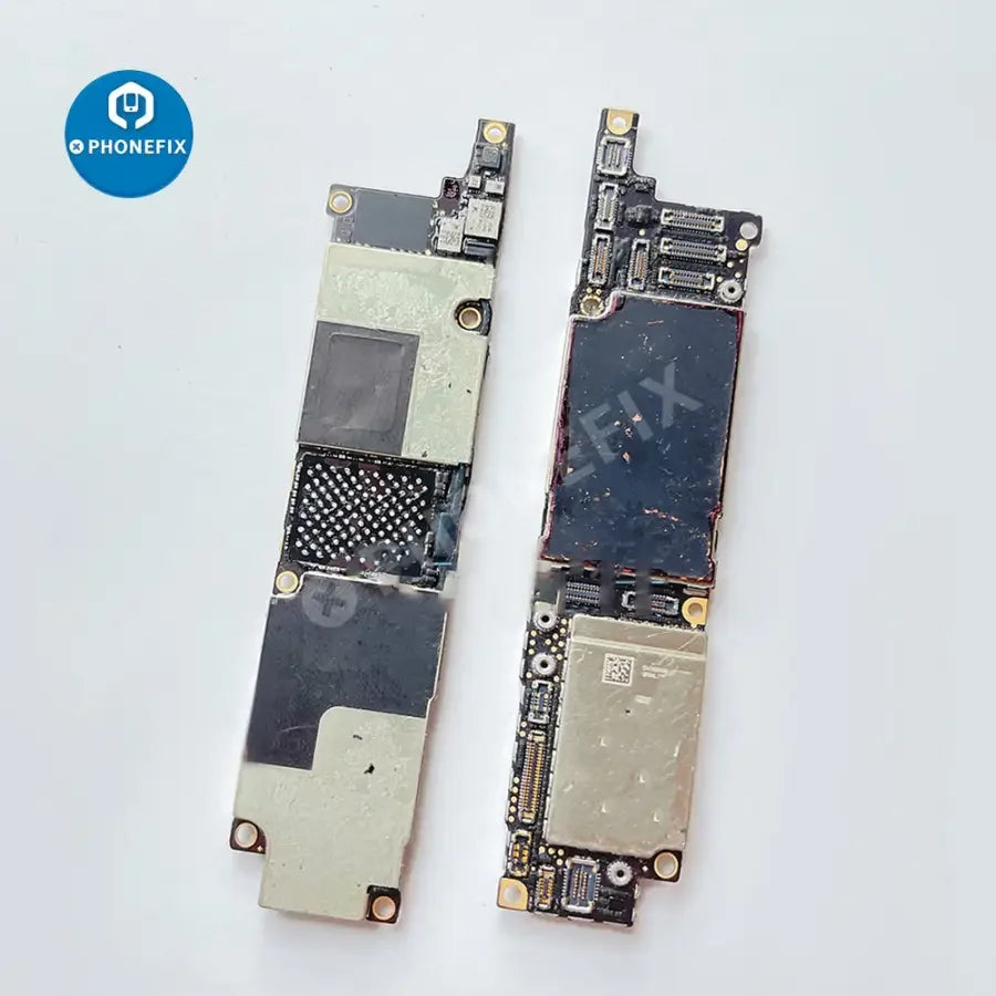 Used damaged iPhone X to 12 Pro Max motherboard skill training board by PHONEFIX, showing various components and circuit areas.