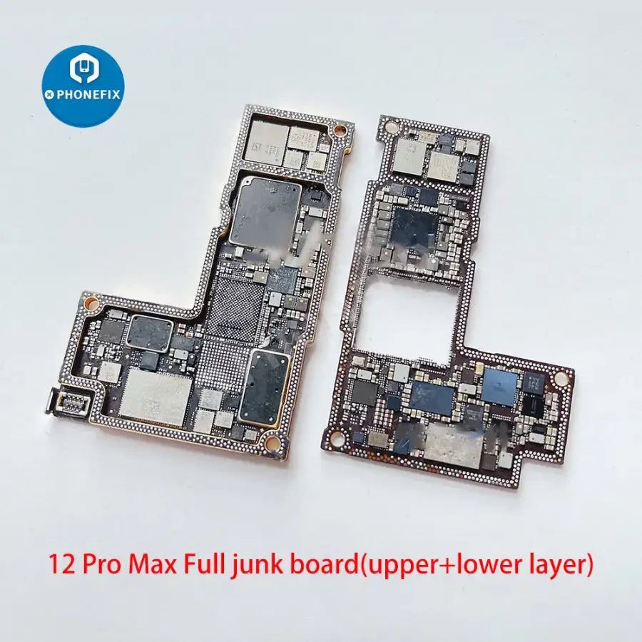 Used damaged iPhone X to 12 Pro Max motherboard training board by PHONEFIX, showing components and repair sections.