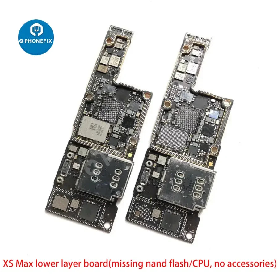 Used damaged iPhone X-12 Pro Max motherboard skill training board by PHONEFIX showing circuit components and damaged areas.
