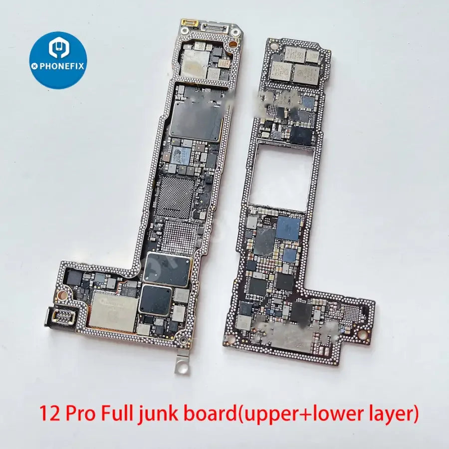 Used damaged iPhone X to 12 Pro Max motherboard skill training board by PHONEFIX, showcasing components and damaged areas for repair practice.