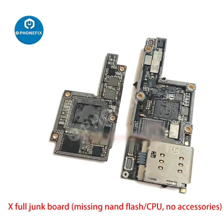 Used damaged iPhone X to 12 Pro Max motherboard skill training board by PHONEFIX, showing circuit components and repair points.