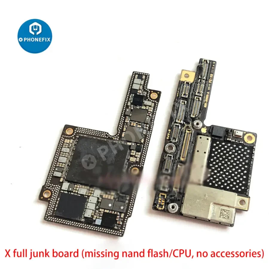 Used damaged iPhone X to 12 Pro Max motherboard skill training board by PHONEFIX, showing circuit components and repair areas.