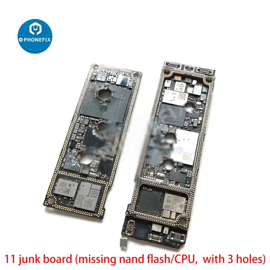 Used damaged iPhone X to 12 Pro Max motherboard skill training board by PHONEFIX, showing visible circuit damage and component placement.