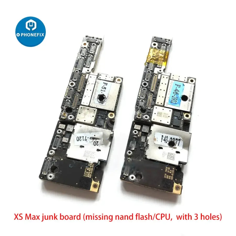 Used damaged iPhone X to 12 Pro Max motherboard training board by PHONEFIX, showing visible circuit damage and component placement.