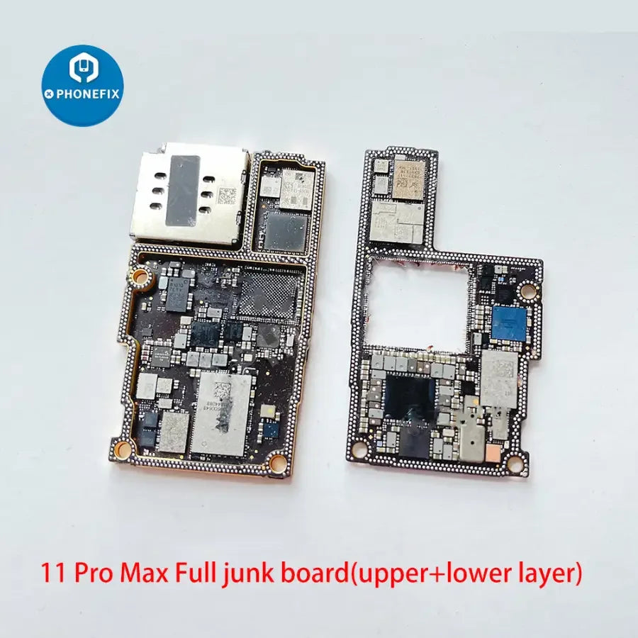 Used damaged iPhone X to 12 Pro Max motherboard skill training board by PHONEFIX, showing various components and circuit details.