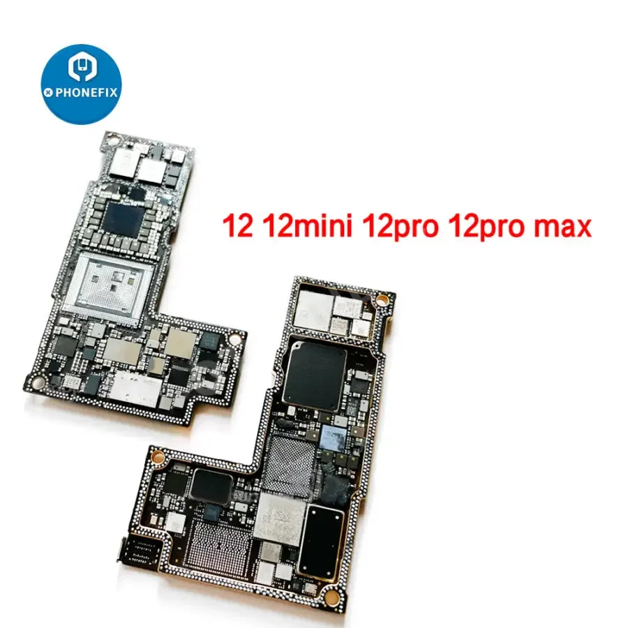 Used damaged iPhone X to 12 Pro Max motherboard skill training board by PHONEFIX, showing circuit components and repair areas.