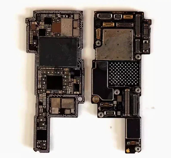 Used damaged iPhone X-12 Pro Max motherboard skill training board by PHONEFIX showing electronic components and circuit layout.