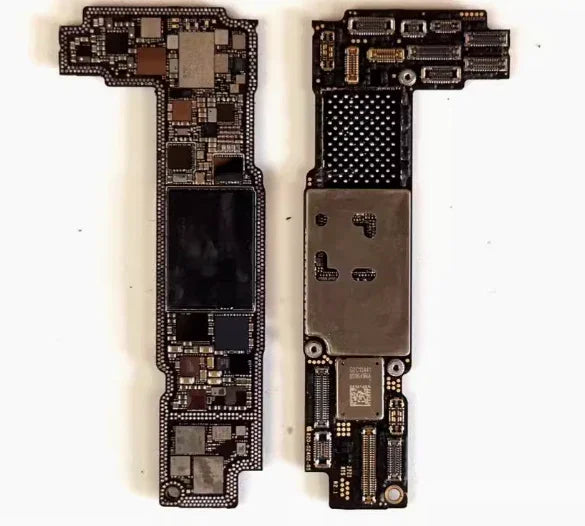 Used damaged iPhone X-12 Pro Max motherboard skill training board, PHONEFIX components for repair practice, showing circuit details.